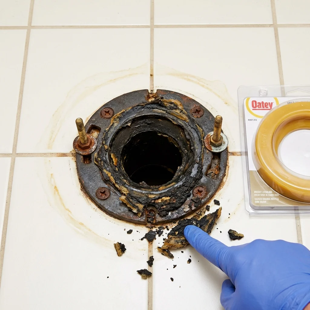 Failed wax ring showing water seepage at the base of a toilet in a Shelby, NC home
