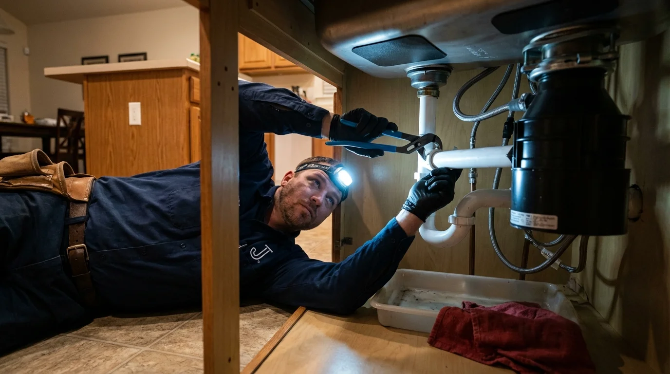 P-trap and supply line connections under a kitchen sink showing a common leak point in Shelby, NC